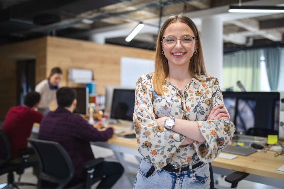 young woman in service office in London