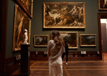 A visitor examines an immersive installation at the London Design Biennale inside Somerset House, London.