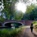 A woman walks along London's canal towpaths on a sunny summer morning with narrowboats moored behind her
